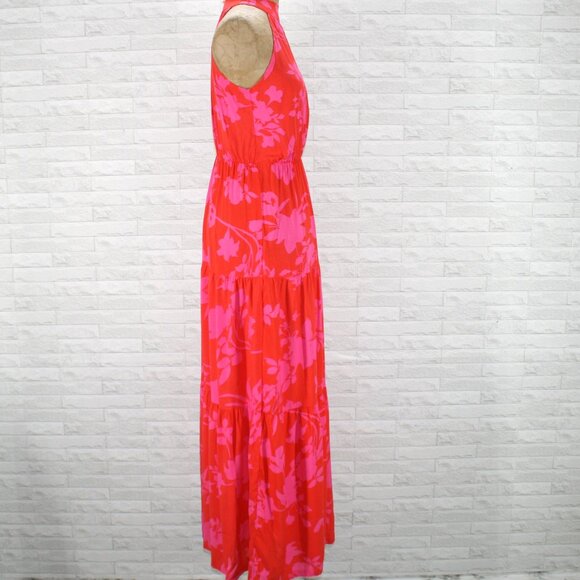 Dress Maxi Halter Floral Tiered Tropical Summer Sleeveless Orange Pink Small - Picture 5 of 15